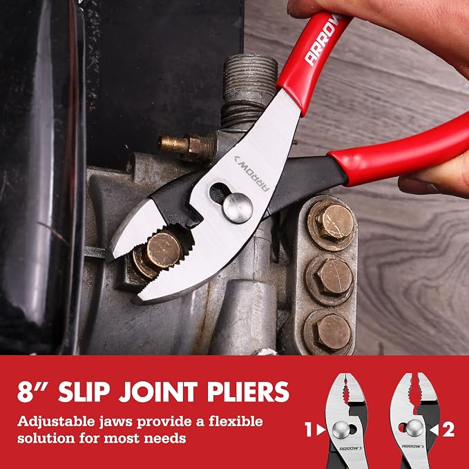 ARROW 8PCS Pliers & Wrench Set, Portable Rolling Bag With Handle | 6" Needle Nose Pliers, 6" Diagonal, 7" Linesman, 8" Slip Joint, 8" & 10" & 12" Groove Joint and CRV 8" Adjustable Wrench