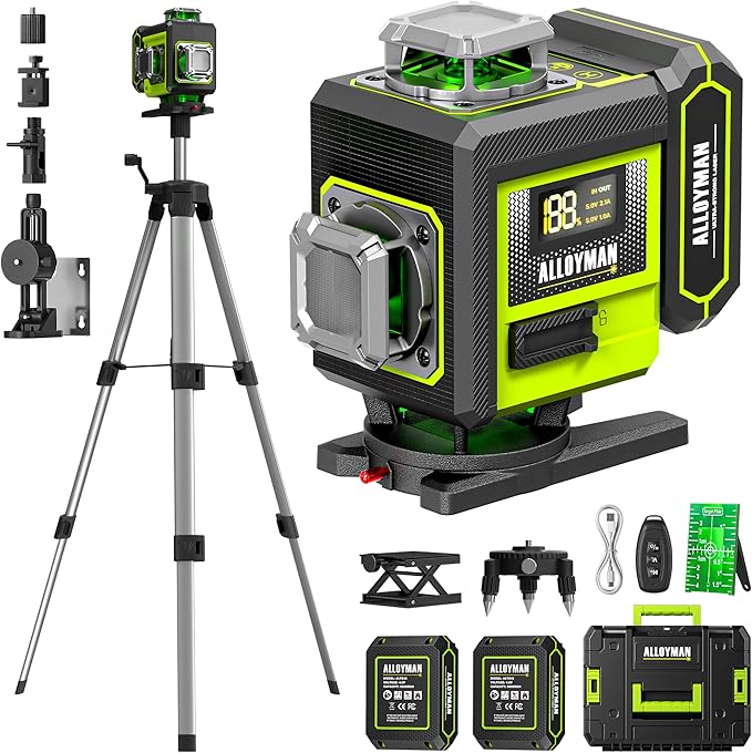 Alloyman Laser Level with Tripod, 4 × 360° Self Leveling Laser Level, Nivel Laser Green Line Lazer Leveler Tool for Picture Hanging, Home Renovation, Indoor Project, 2*Battery&Carrying Bag Included