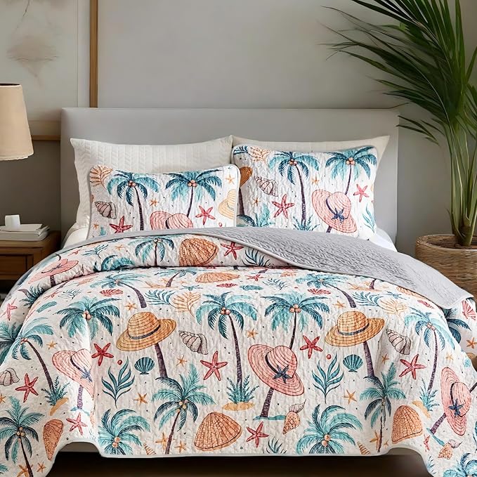 Coastal Tropical Quilt Set King 3 Pcs Beach Palm Tree Seashell Bedspread Comforter Soft Lightweight Microfiber Bedding Set with 2 Pillow Shams for All Season (New-Coconut Tree, King)