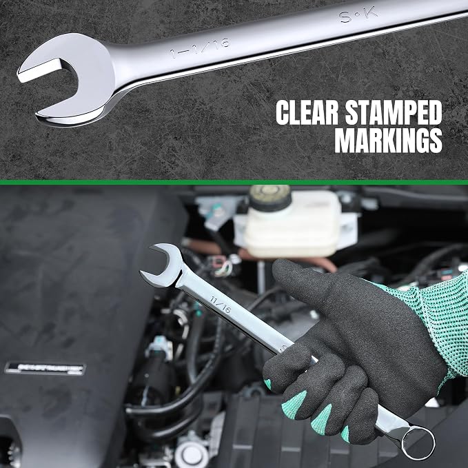 SK Combination Wrench Set, SAE 1/4" to 1-1/4", 18-Piece, Premium CR-V Steel | SuperKrome Finish, Drop Forged, 12-Point Wrenches, 15-Degree Offset, with Rolling Pouch