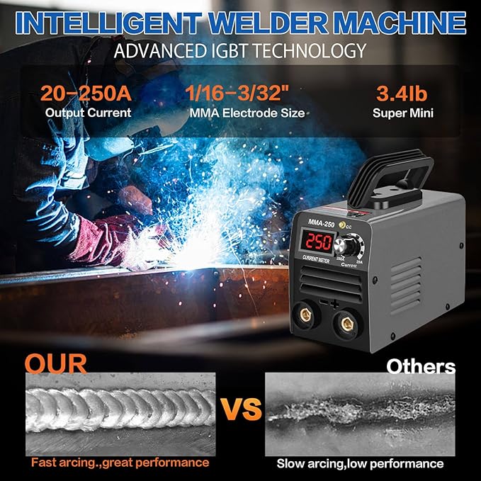 Super Mini Stick Welder Machine,110V 250A ARC Portable MMA Welding Machine for Beginners,Welding Machine with 10pcs Welding Rod Tools,IGBT Inverter Welder,Hot Start Arc Force Anti-stick (Gray)