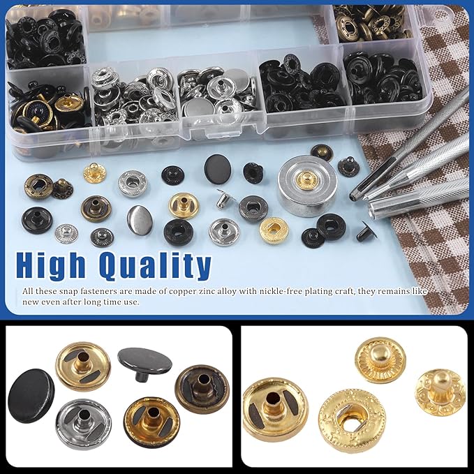 Glarks 60 Sets Leather Snap Fasteners Kit, 12.5mm 6 Colors Metal Snap Buttons Press Studs with 8Pcs Hole Punch, Hammer, Setting Tools, Grease Pencils and Tape Measure for DIY Leather Craft