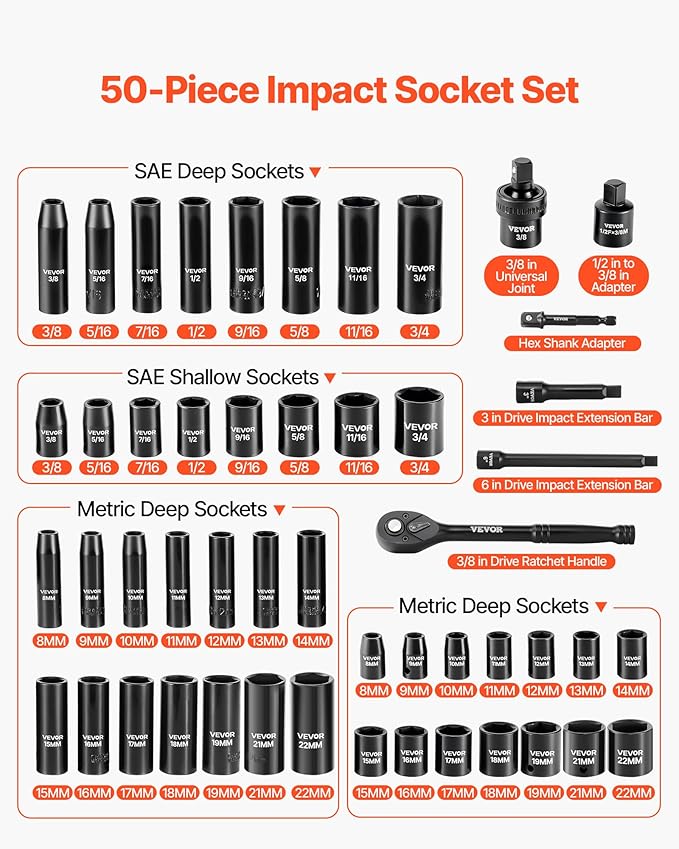 VEVOR 3/8" Drive Impact Socket Set, 50-Piece, Deep & Shallow Kit | SAE (5/16" to 3/4") & Metric (8-22 mm), 6 Point, CR-V, Ratchet Handle, Extension Bars, Universal Joint, Reducer, Adapter