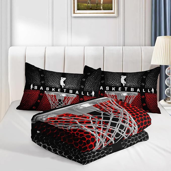 Axolotl Basketball Bedding Set for Boys Kids Teens,Black and Red Sports Themed Bedding,3D Basketball Comforter,Ball Sports Games Quilt Set with 1 Comforter and 2 Pillowcases All Season,King Size