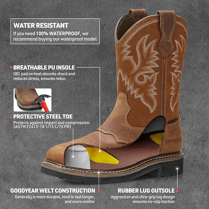 HISEA NINGO Steel Toe Work Boots for Men, Waterproof Square Toe Cowboy Boots Slip on, Comfortable Soft Toe Pull on Western Safety Work Shoes for Construction Industrial Working Welding Riding, Brown