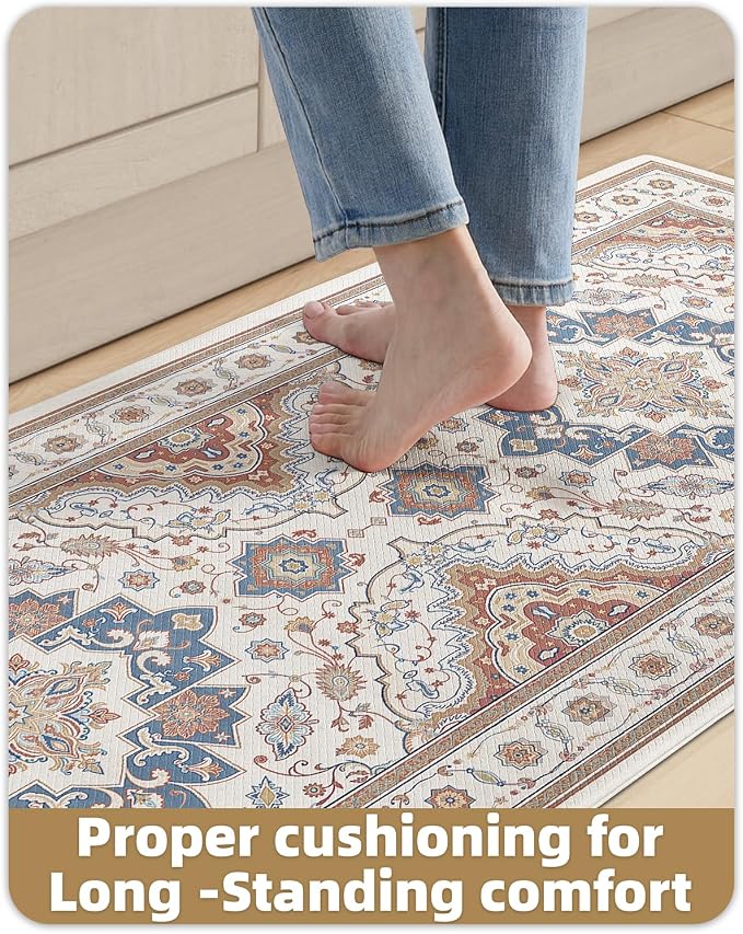 Color&Geometry Anti Fatigue Kitchen Floor Mats, Cushioned Boho Rugs,Waterproof Non Slip Kitchen Runner for Sink, Standing Mats for Office,24"x87",Oatmeal