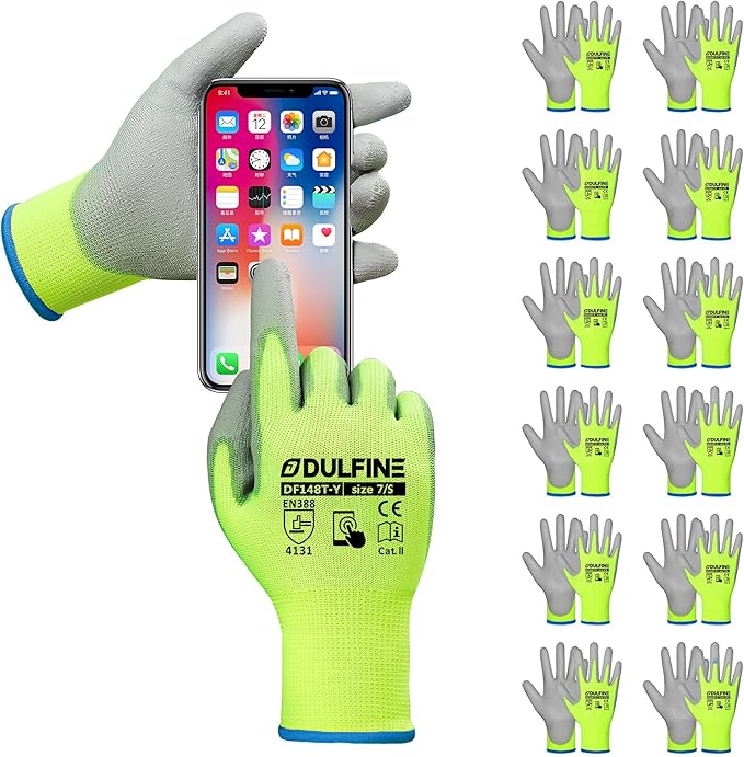 DULFINE Safety Work Gloves PU Coated for Men and Women-12 Pairs,Hi-Vis Yellow Seamless Knit Glove with Two Fingers Touchscreen,Ideal for General Duty Work (Small)