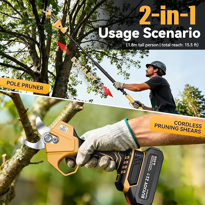 2-in-1 Pole Pruning Shears, 1.4" Cutting Diameter Cordless Electric Pole Pruners - Brushless Motor, 2x4.0Ah Batteries, Extra SK5 Blade, 4 Modes Adjustable Branch Cutter for Garden & Flower (Blue)