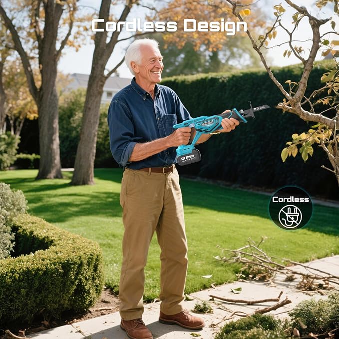 SEESII Cordless Reciprocating Saw, Brushless Motor with 8 Saw Blades | Variable Speed 3500 RPM, 2 x 4.0Ah Batteries, Tool‑Free Blade Change, Adjustable Shoe, for Wood PVC Cutting