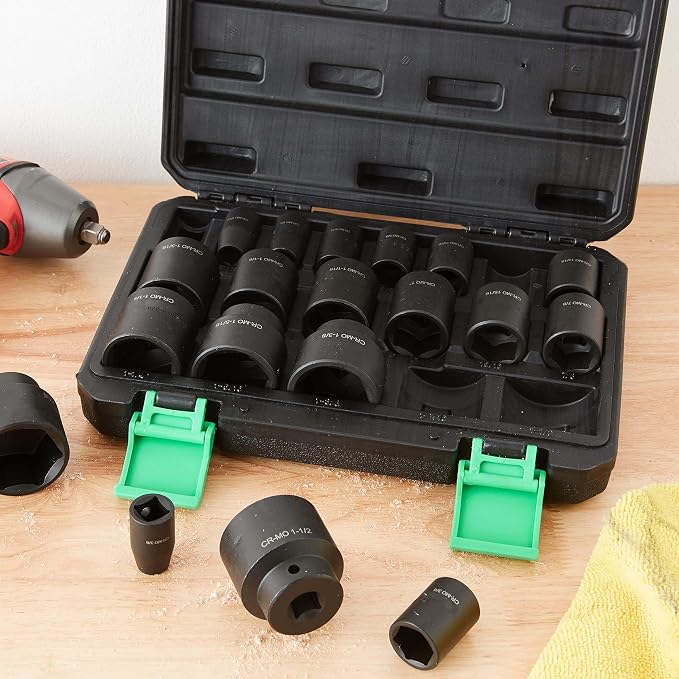 Amazon Basics 1/2“ Impact Socket Set, 6 Point Shallow, SAE Size, CR-MO Steel, 10.2" x 8.5" x 2.4", 19-Piece, Previously Denali Brand