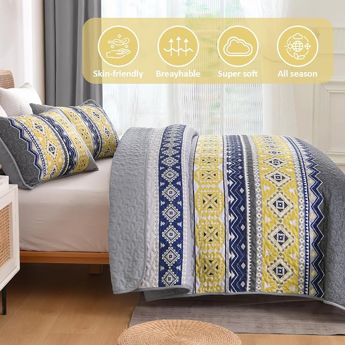 WONGS BEDDING 3 Pieces Quilt Set King Size, Grey Yellow Quilt Bedspread Lightweight Bohemian Coverlet Set with 2 Pillowcase, Soft Geometry Printed Bedding Set King for All Season 104"×90"