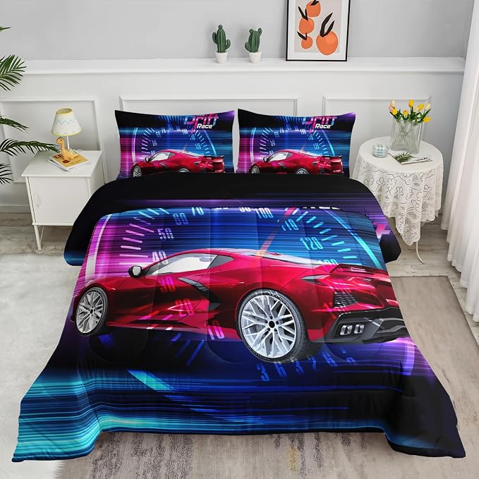 Axolotl Race Car Bedding Set King Size,Boys Extreme Sports Comforter for Kids Boys,3D Car Comforter,Cool Speed Racing Bedding,Race Sports Quilt Set 1 Duvet with 2 Pillowcases,All Season