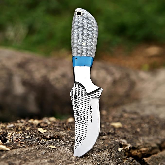 Custom Handmade 7'' fixed blade hoof rasp knife Cow boy knife Turquoise Handle Damascus steel Bull cutter, cowboy knives with pancake leather sheath (WHITE HONEY COMB)