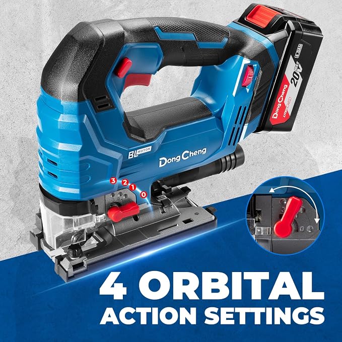(Battery & Charger Not Included) Dong Cheng 20V Brushless Jigsaw, 26mm Stroke, 800-3500 SPM, 0-45° Bevel, 6-Speed, Orbital Action, Dual LED, Dust Blower