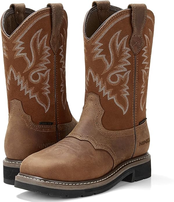 HISEA NINGO Steel Toe Work Boots for Men, Waterproof Square Toe Cowboy Boots Slip on, Comfortable Soft Toe Pull on Western Safety Work Shoes for Construction Industrial Working Welding Riding, Brown