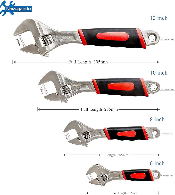 Navegando 4-Piece Adjustable Wrench Set, 6/8/10/12 Inch, Heat Treated Carbon Steel with Non-Slip Rubber Grip，Corrosion Resistant Finish for Automotive, Plumbing & DIY Repairs
