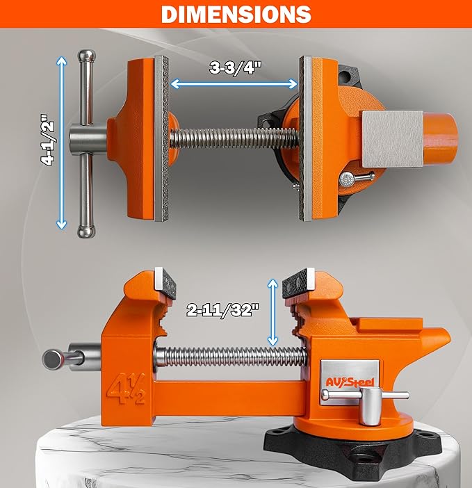 AV Steel 4-1/2" Bench Vise with 240° Flexible Swivel Locking Base and Anvil, High-Strength Multi-Purpose Workbench Vise Heavy-Duty, Cast Iron Workbench for Woodworking, Drilling, Pipe Cutting