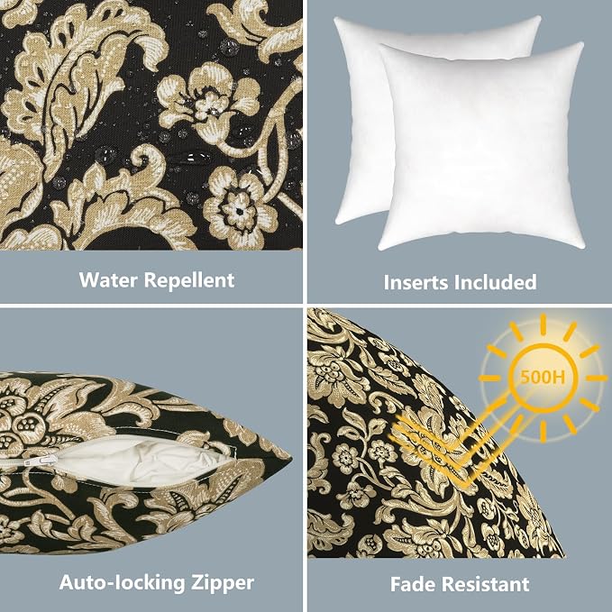 LVTXIII 2 Pack Outdoor Pillows 18x18 Inch, Square Throw Pillows with Inserts, Decorative Water-Repellent Pillow Cushions for Patio Furniture and Garden Sofa, Jacobean Black