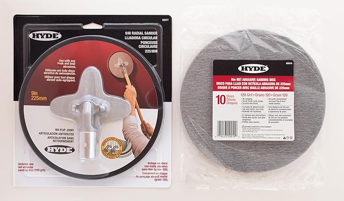 Hyde 09801 9-Inch Radial Sander Kit, Includes (1) 120-Grit Sanding Sheet + (10) 120-Grit Sanding Discs – Drywall Sanding Tool with Pivoting Head