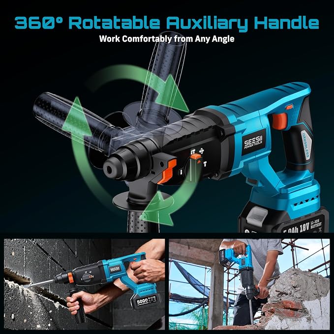Seesii 1" Cordless SDS-Plus Rotary Hammer Drill with 2x5.0Ah Batteries, 3.2J Impact Energy Brushless Motor, 4-Mode with Kickback protection, Chisels, Drill Bits for Concrete Drilling & Home Renovation