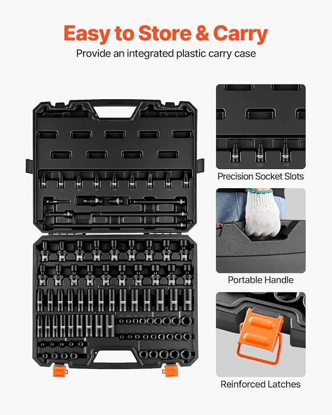 VEVOR Impact Socket Set 3/8" Drive 90-Piece, CR-MO, Shallow & Deep, 6 Point | SAE 1/4"-3/4" & Metric 6-19mm, with Swivel & E-Torx & Bit Sockets, Extension Bars, Adapters, Universal Joint