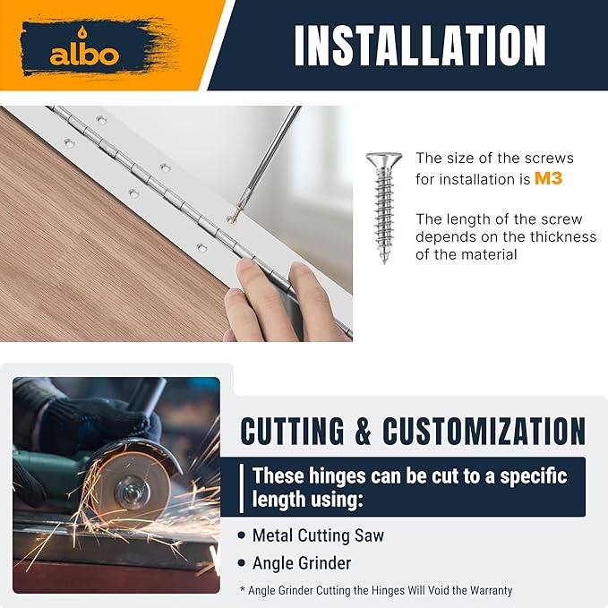 ALBO 48 Inch Silver Heavy Duty Piano Hinge Continuous Stainless Steel 304 (2-Pack), Surface Mount Cabinet Hinges Silver 48"x2" for Industrial Equipment, Commercial Display & Large Access Panel