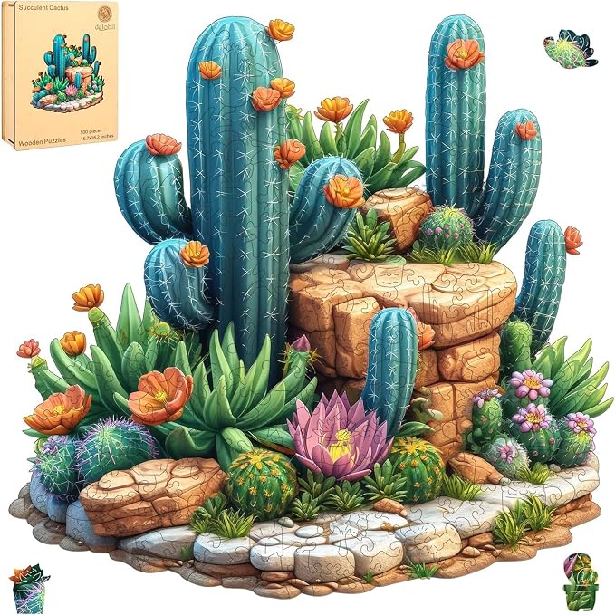 Delobil Succulent Cactus Wooden Puzzles for Adults, 500 Pieces Jigsaw Puzzles, Unique Shaped Wood Puzzle Gift for Adults and Kids, Family Game 16.7'' x 16.2''