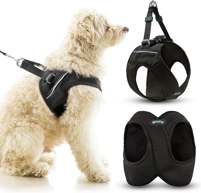 Gooby Escape Free Easy Fit X Step-in Dog Harness, Vegas Black, Small | Patented escape-free, tightens on back-out; Choke-free X-frame + V-neck; Quick-release buckle; Reflective trim