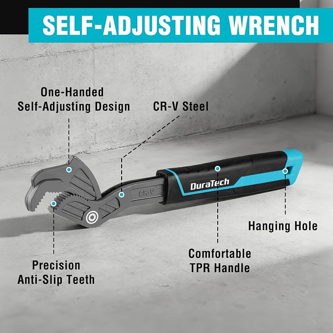 DURATECH 12-Inch Self-Adjusting Wrench, Self-Locking Pipe Wrench | Adjustable Size 3/4"-1-5/8"(19-41mm), Cr-V Steel, Non-Slip TPR Handle, For Home Repair, Mechanic and DIY Projects