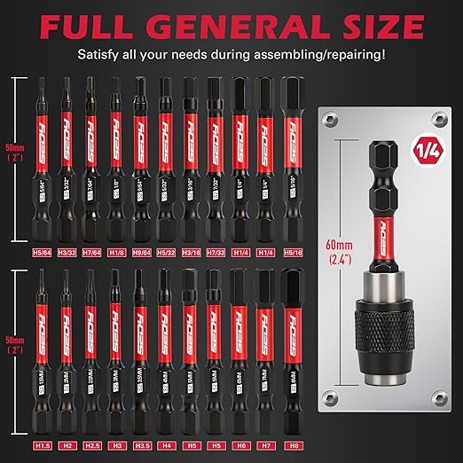 23-Piece Magnetic Hex Head Allen Wrench Drill Bit Set with 2.4" Impact Bit Holder, 1/4" Hex Shank Hex Bits, SAE & Metric Hex Screwdriver Bit Set, S2 Steel Allen Key, Mechanic Home Repair
