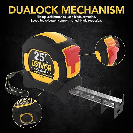 LEXIVON 25Ft/7.5m DuaLock Tape Measure | 1-Inch Wide Blade with Nylon Coating, Matt Finish White & Yellow Dual Sided Rule Print | Ft/Inch/Fractions/Metric (LX-206)