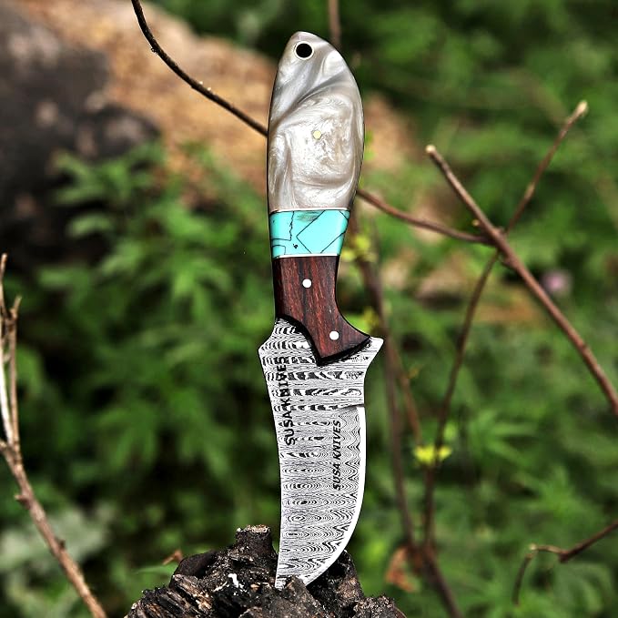 Custom Handmade 7'' fixed blade hoof rasp knife Cow boy knife Turquoise Handle Damascus steel Bull cutter, cowboy knives with pancake leather sheath (RESIN)