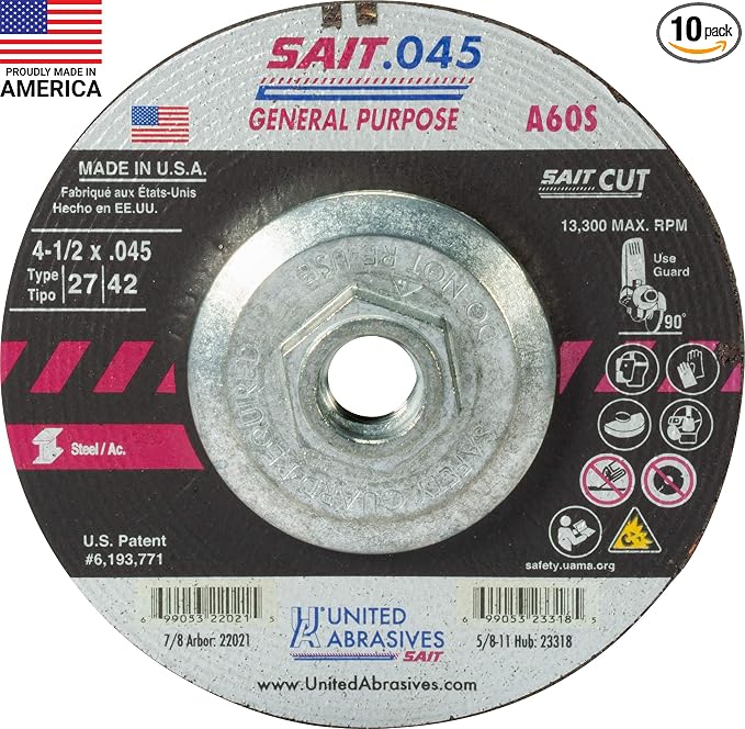 United Abrasives-SAIT 23318 A60S General Purpose Cut-Off Wheels (Type 27/Type 42 Depressed Center) 4 1/2"x .045" x 5/8-11", 10-Pack