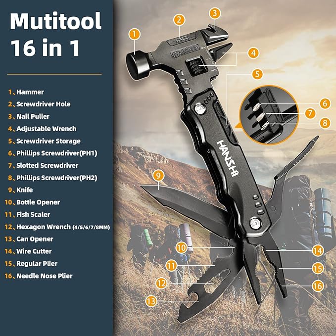 HANSHI Adjustable Wrench Multitool Hammer with Nylon Sheath for Gift