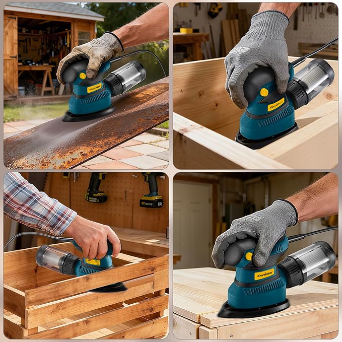 Enventor Detail Sander, 1.7A 210W Compact Electric Sander 15,000 RPM with 16Pcs Sandpapers, Dust box, Soft Grip Handle Tight Spaces Sanding, Polishing