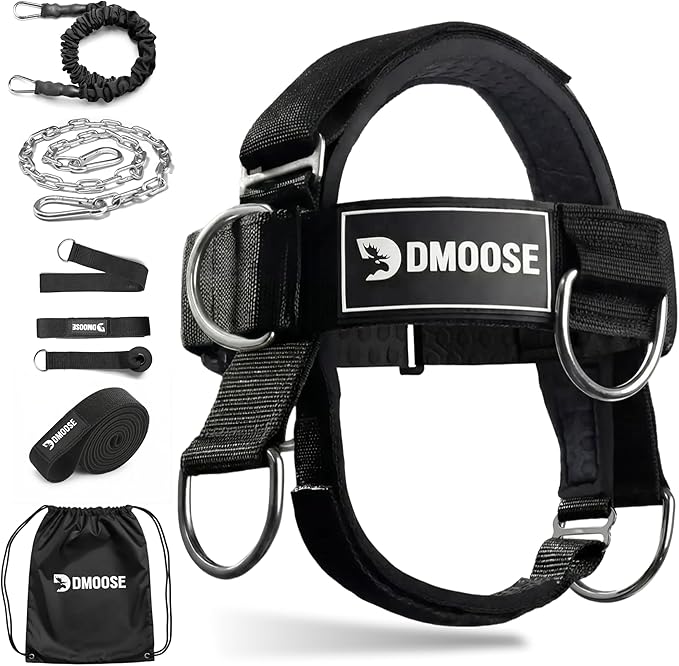 DMoose Fitness Neck Harness for Weight Lifting - Soft Padded Head & Chin Strap with 30" Heavy Duty Steel Chain - Neck Exerciser, Trainer & Strengthener to Support Injury Recovery and Intense Workouts