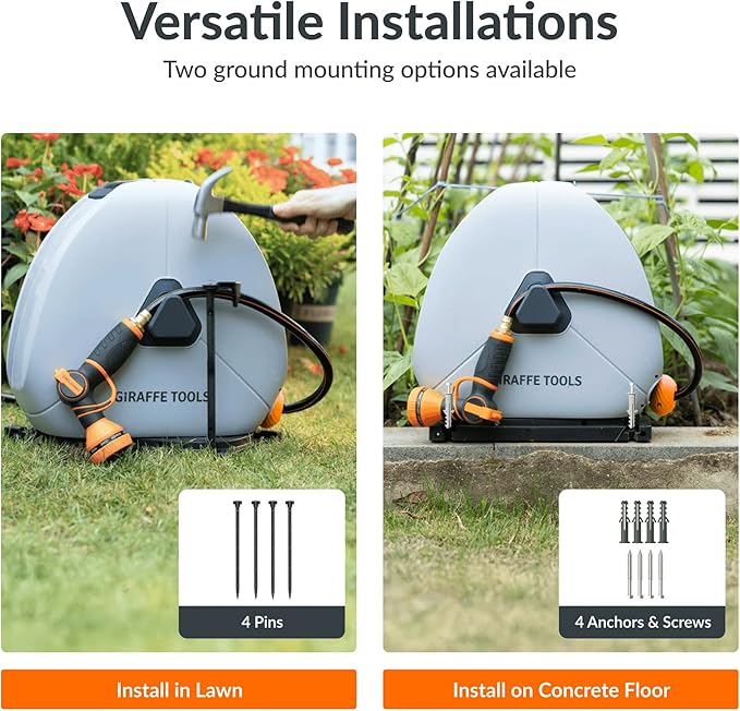 Giraffe Tools Retractable Heavy Duty Hose Reel, 1/2" x 100FT Automatic Rewind Garden Hose Reel with 360° Swivel Base, Ground Mounted for Lawn, Patio, Concrete Floor & Yard Watering