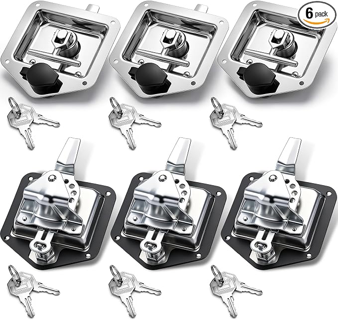 6 Pcs Stainless Steel Car Trailer Door Latch Toolbox Latch T-Handle Paddle Lock with Keys and Gasket for Rv Camper Truck Trailer Vehicles Door Tool Box Replacement