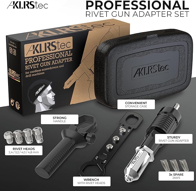 KLRStec Professional Rivet Gun Adapter - Rivet Attachment for Cordless Screwdrivers and Drills - Easy processing for Pop Rivets