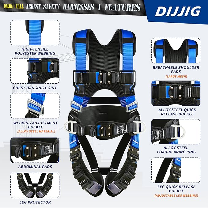 DIJJIG Safety Harness Fall Protection Kit with Shock Absorbing Lanyard | Safety Straps Upgrade Quick Buckles, Roofing Harness Construction Harness Para Construccion ANSI Compliant Blue