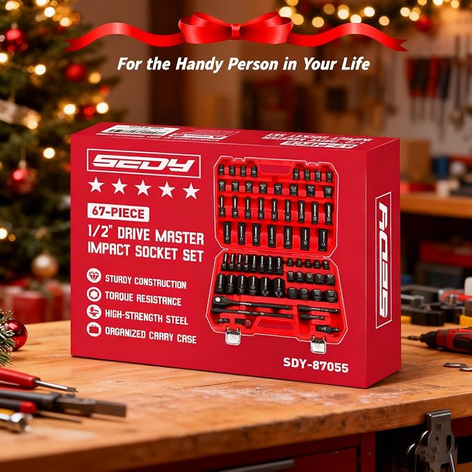 Master 1/2" Drive Impact Socket Set, 67-Piece Standard & Deep Master Impact Socket Set SAE 3/8"-1-1/4" & Metric 8-24mm Socket Set with Ratched Hand, Extension Bar, Reducer, Impact Universal Joint,Cr-V