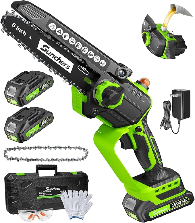 Mini Chainsaw Cordless, 6 Inch Electric Chainsaw with 2 Battery, Handheld Battery Powered Chain Saw with Auto Oiler, Garden Tools Saw for Wood Cutting Tree Cutter, Holiday Gifts for Men, Dad, Husband