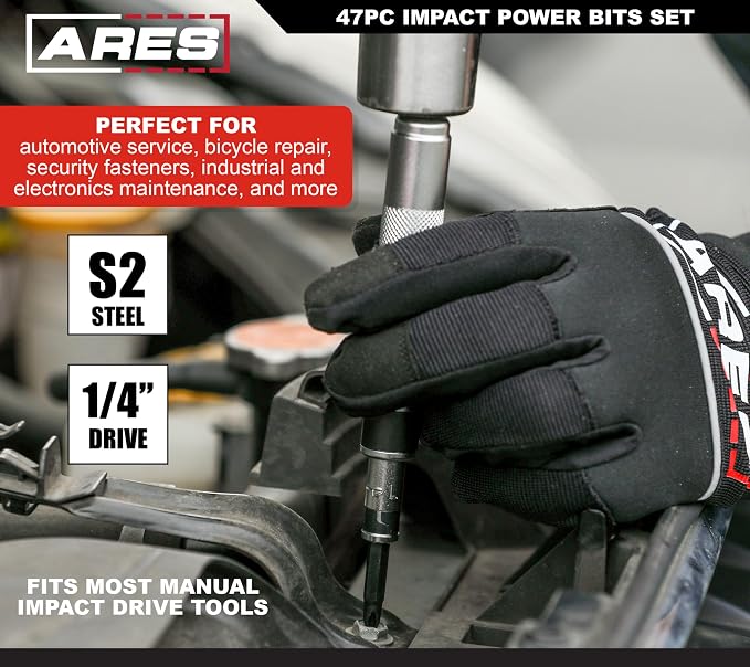 ARES 31020-47-Piece Impact Bit Set – Set Includes Phillips, Slotted, Square, Hex, and Standard and Tamper Torx Bits – Premium S2 Steel Construction