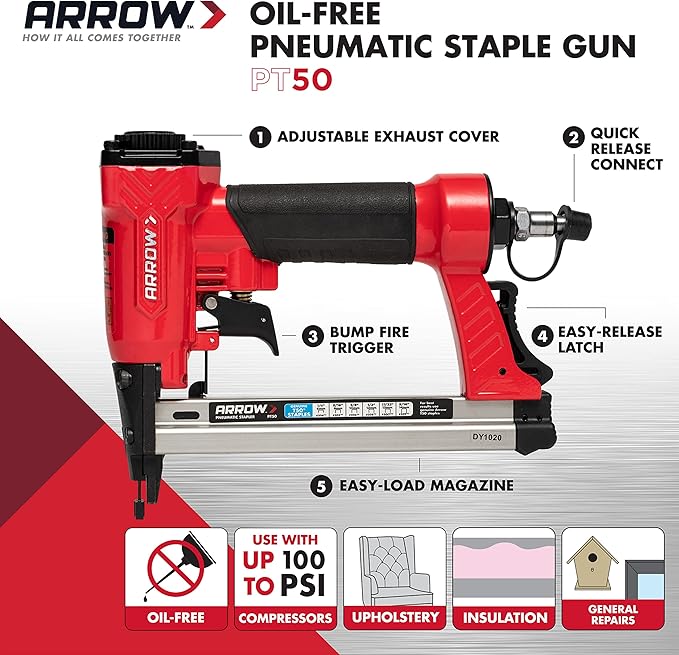 Arrow PT50 Oil-Free Pneumatic Staple Gun, Professional Heavy-Duty Stapler for Wood, Upholstery, Carpet, Wire Fencing, Fits 1/4”, 5/16”, 3/8", 1/2", 9/16” Staples , Red