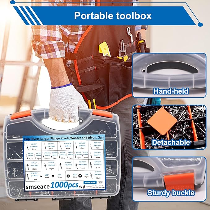 smseace Black, Silver(Can Choose) Pop Rivet Gun Kit Black Pop Rivets, Large Flange Rivets, Washers and Rivets Gun Tool Packed in Portable Toolbox with Color Label