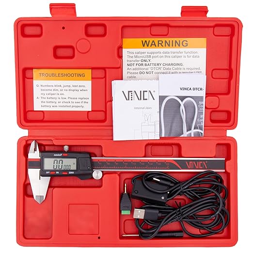 VINCA Digital Caliper with Data Cable, DCLA-0605D 0-6 Inch/150mm, Inch/Millimeter/Fraction Conversion, Stainless Steel, Large LCD Screen