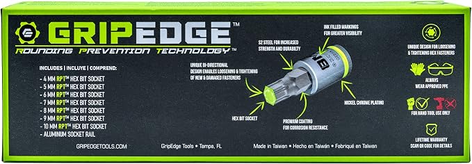 GRIPEDGE HEX Bit Socket Set | 7-PC - 3/8'' Drive Short Metric RPT Hex Driver Set | Sizes 4MM - 10MM | Made With S2 Steel | Includes Premium Aluminum Storage Rail |