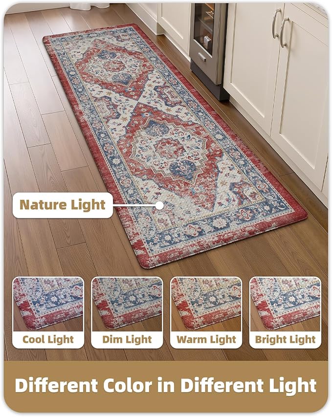 Color&Geometry Kitchen Floor Mats Anti Fatigue, Cushioned Boho Rugs,Waterproof Non Slip Kitchen Runner for Sink, Standing Mats for Office,24"x59",Red
