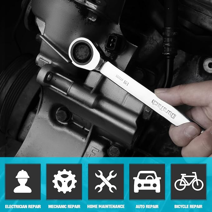 DURATECH 15mm Ratcheting Combination Wrench, Metric | 72-Tooth, 12-Point, CR-V Constructed, Mirror Polish