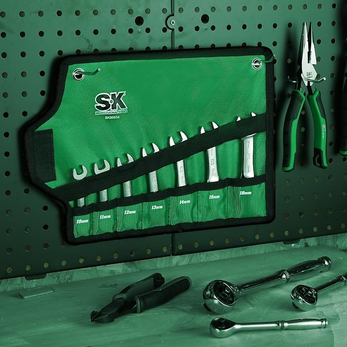 SK Stubby Ratcheting Wrench Set, Combination Wrench Set, 7-Piece, Metric, 72-Tooth, CR-V Steel, with Rolling Pouch